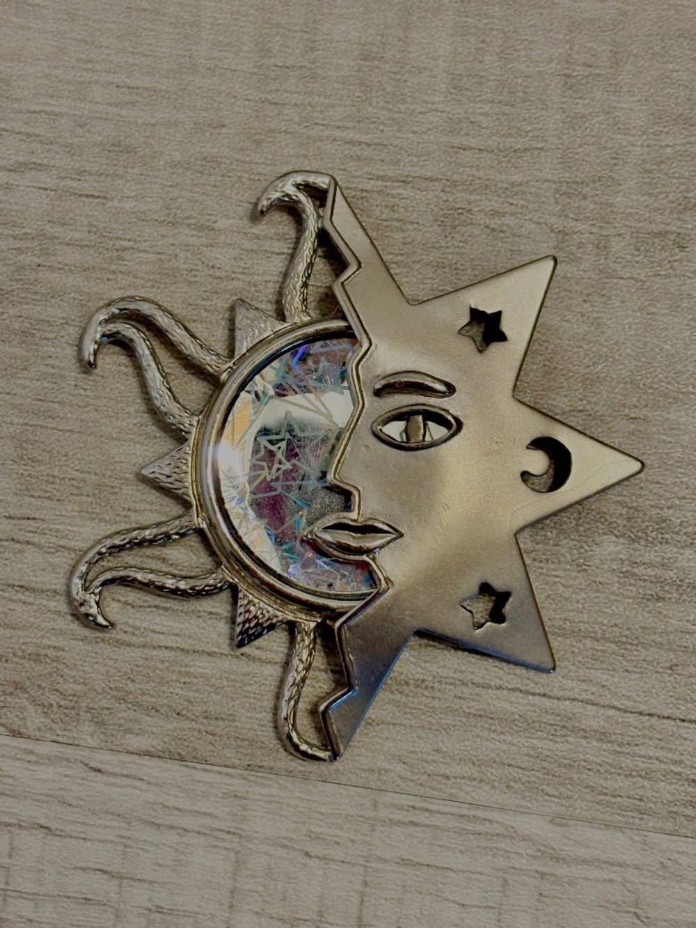 Celestial Sun Moon Stars Pendant Holographic Astronomy Silver Artsy 80s Vintage